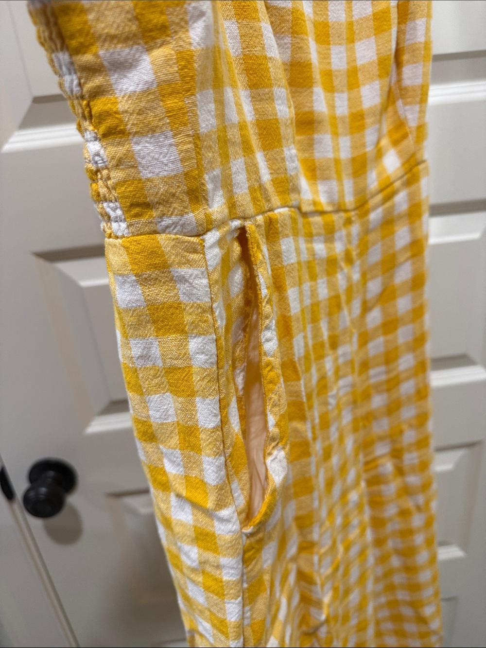 Old Navy Yellow White Gingham Spaghetti Strap Capri Jumpsuit with pockets - Picture 4 of 5